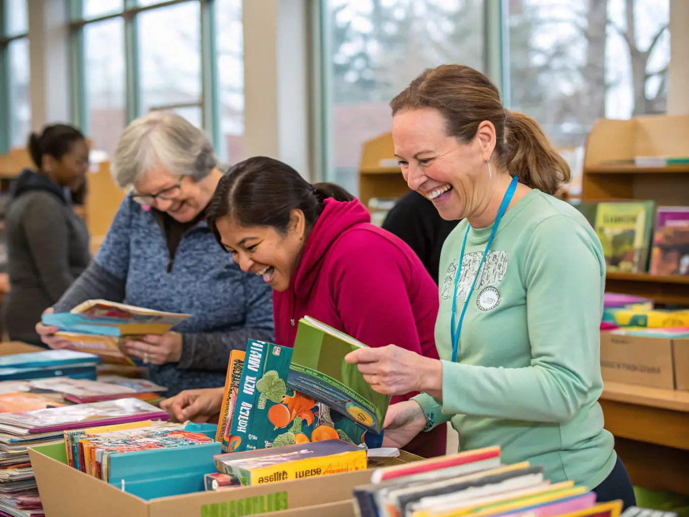 A vibrant image of volunteers sorting books during a book drive, showcasing community involvement and the joy of reading.